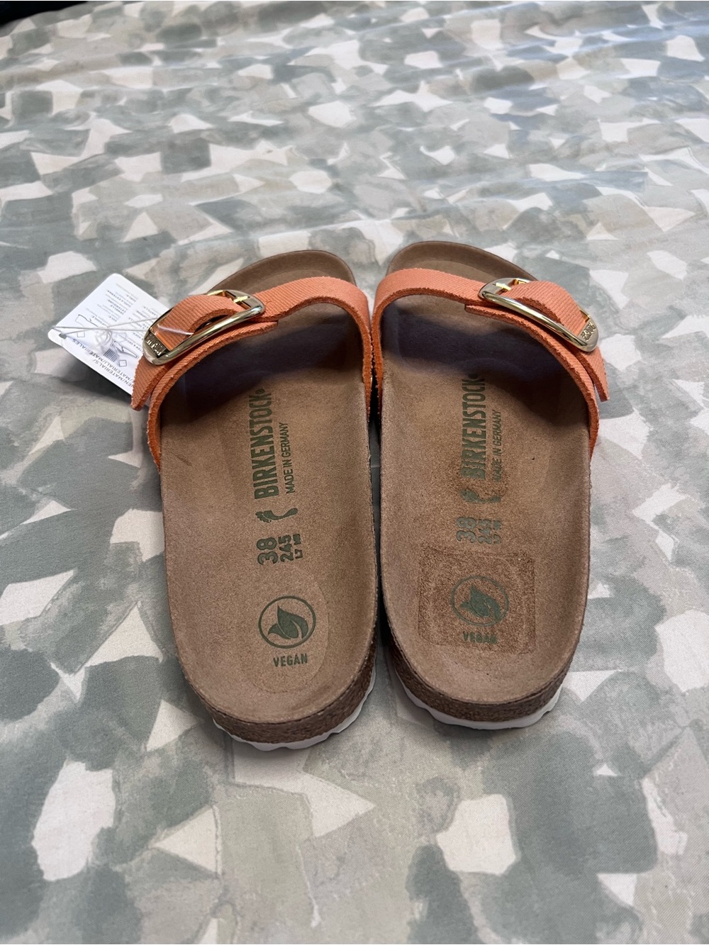 Birkenstock Women’s Orange Single-Band Slide Sandals with Gold Buckle - Picture 3 of 4